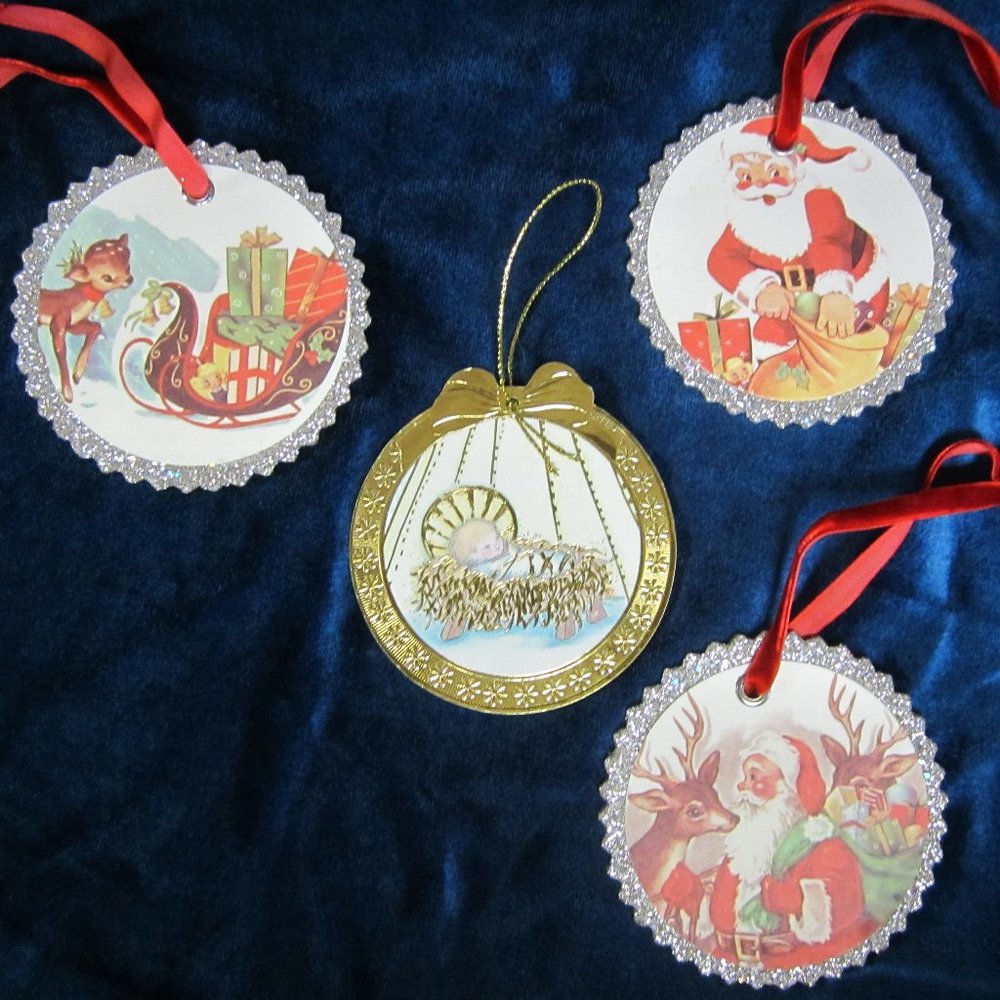 VTG 70'S ROUND CARDBOARD ORNAMENTS WHIMSICAL ORNAMENTS  VINTAGE 70'S CARDBOARD O